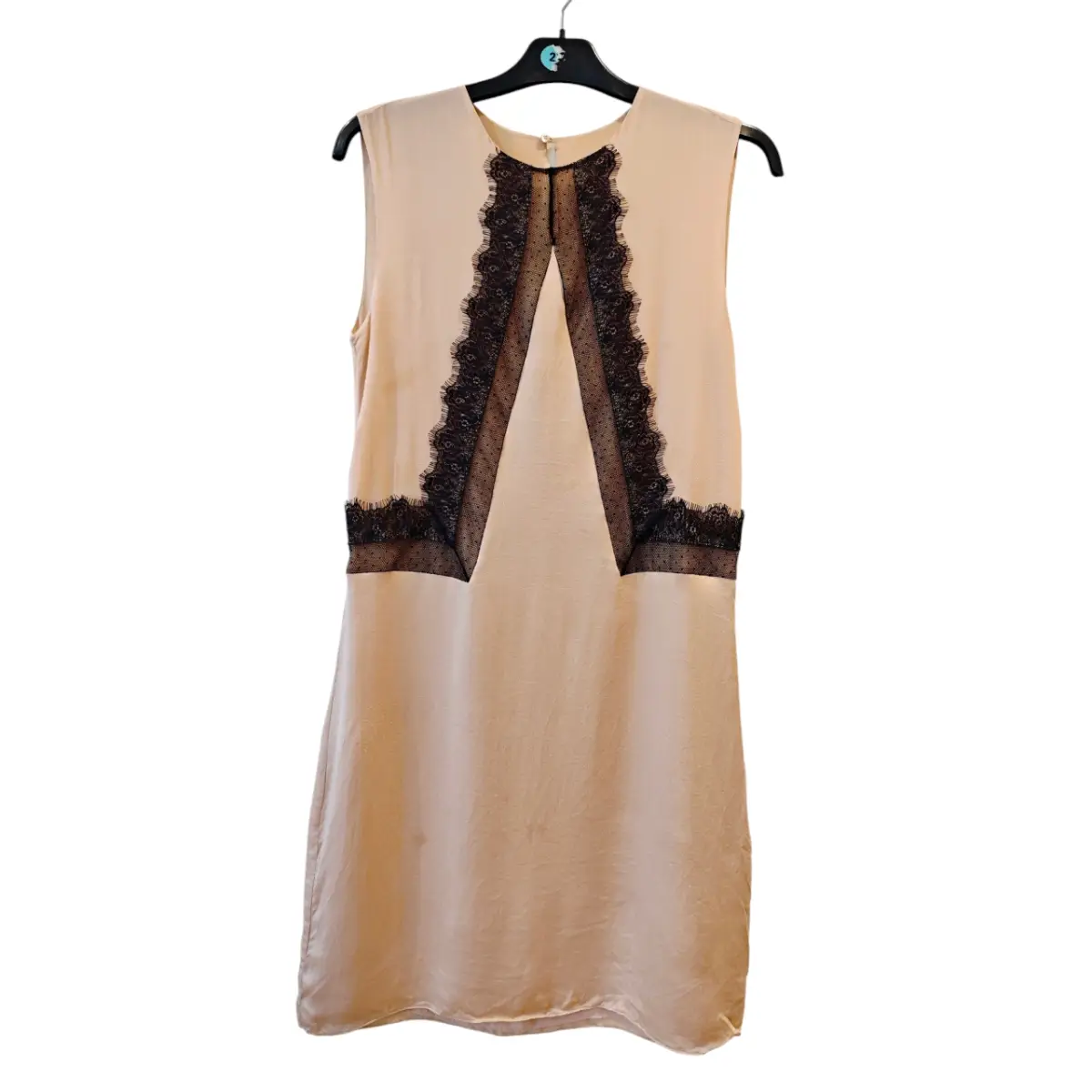 Vintage Pure Silk Beige Mini Dress Black Lace Trim Sleeveless UK 6-8