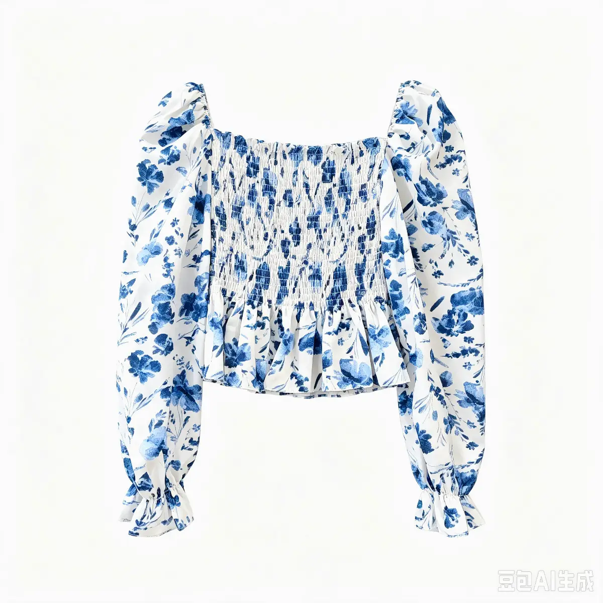 Blue Floral Smocked Puff Sleeve Blouse UK 6-8