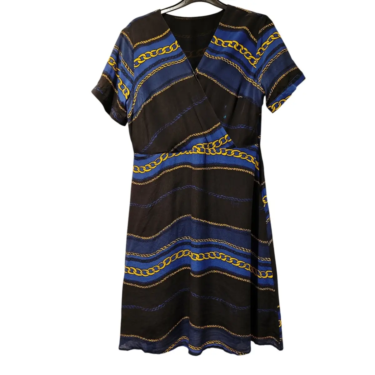 Vintage 100% Silk Black Blue Wrap Dress Gold Chain Print Knee Length UK 8–10
