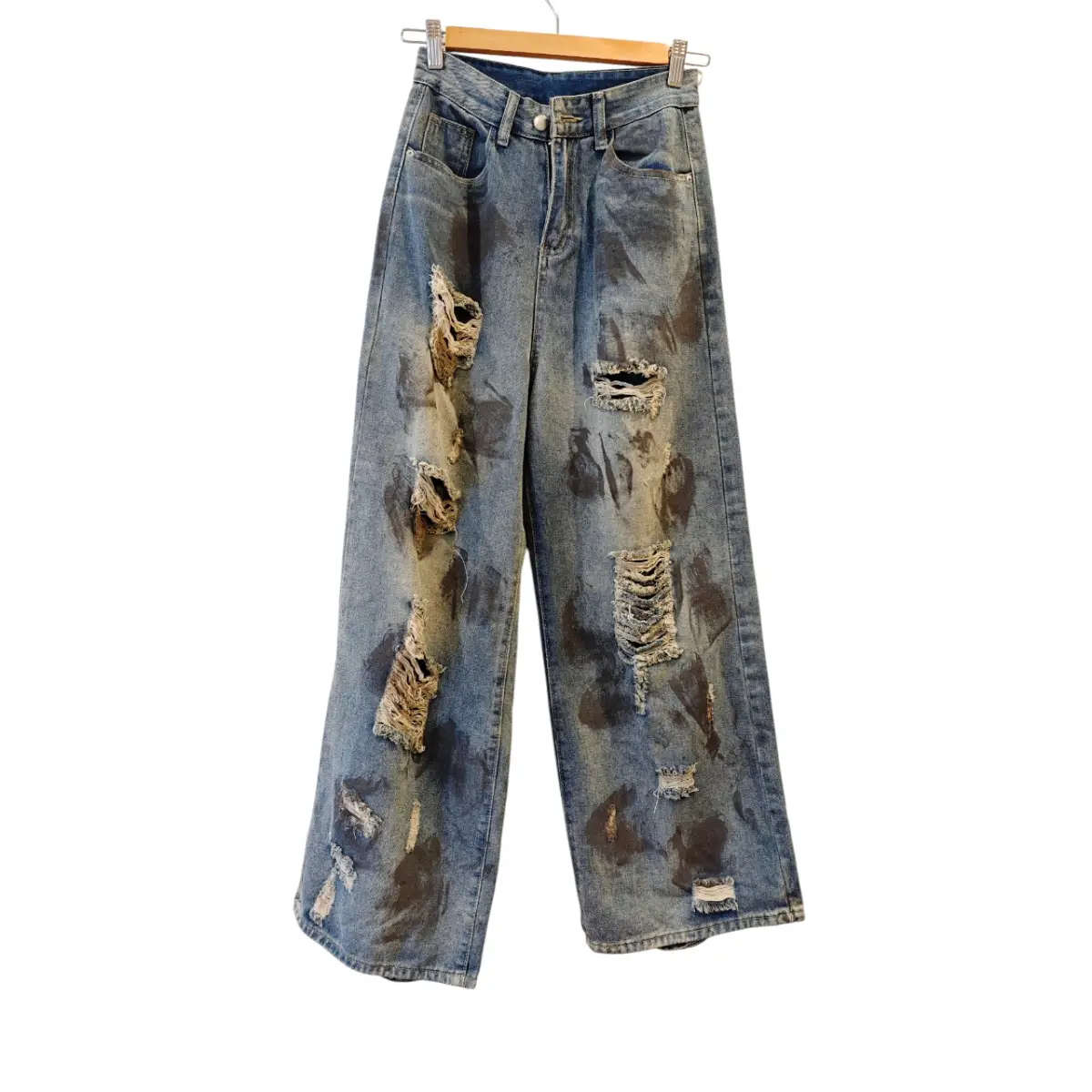 Y2K Blue Distressed Wide Leg Denim Jeans UK 6 Low Rise