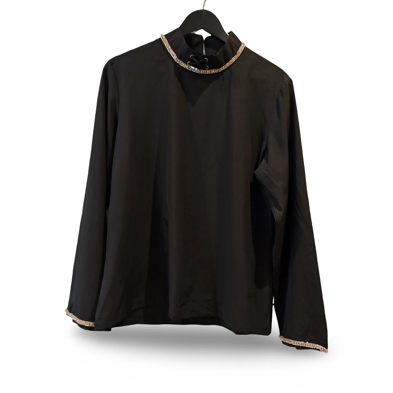 Black Blouse with Gold Trim & Lace-Up Detail UK 10–12 new