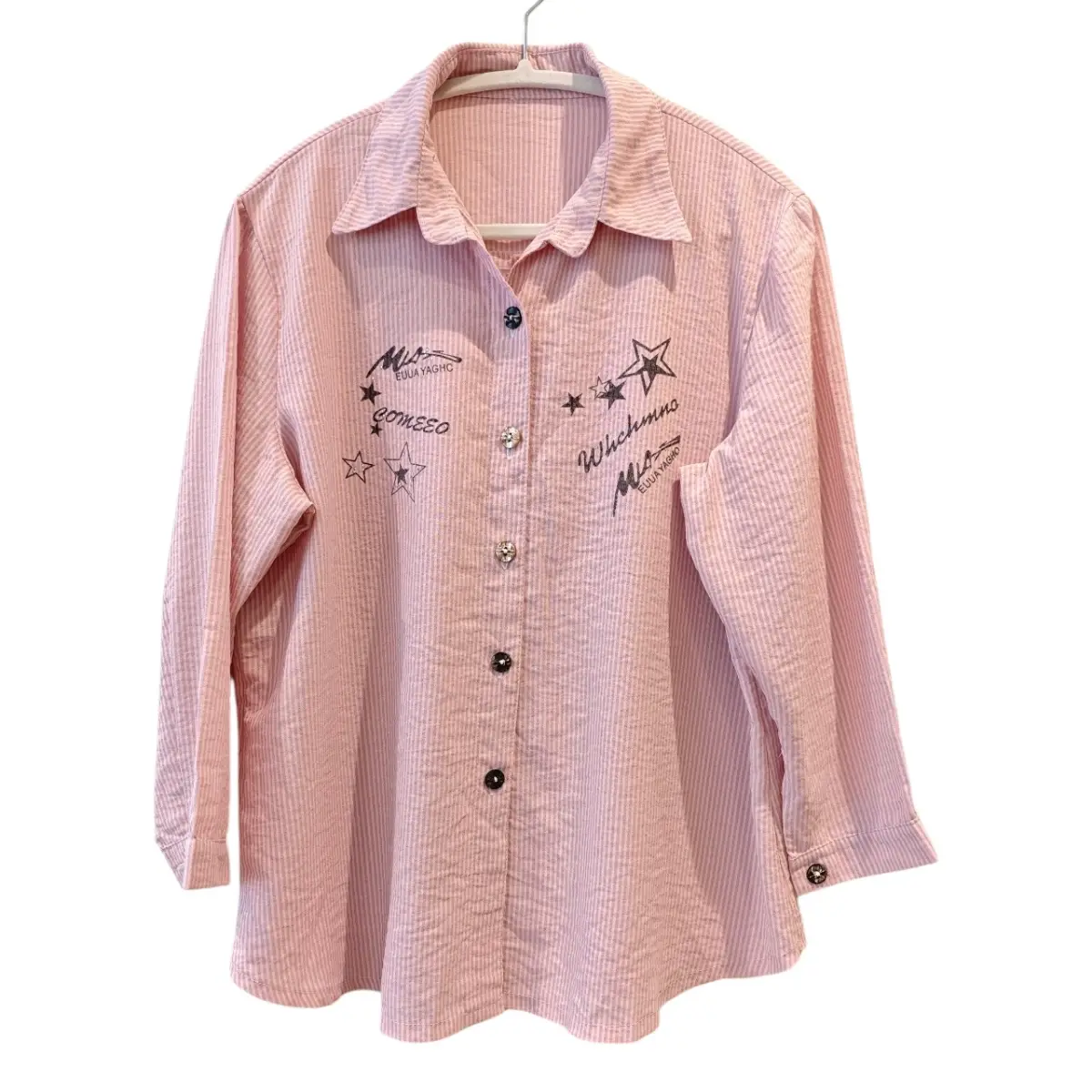 Pink White Striped Graphic Star Button Up Shirt 3/4 Sleeve Size 10-12