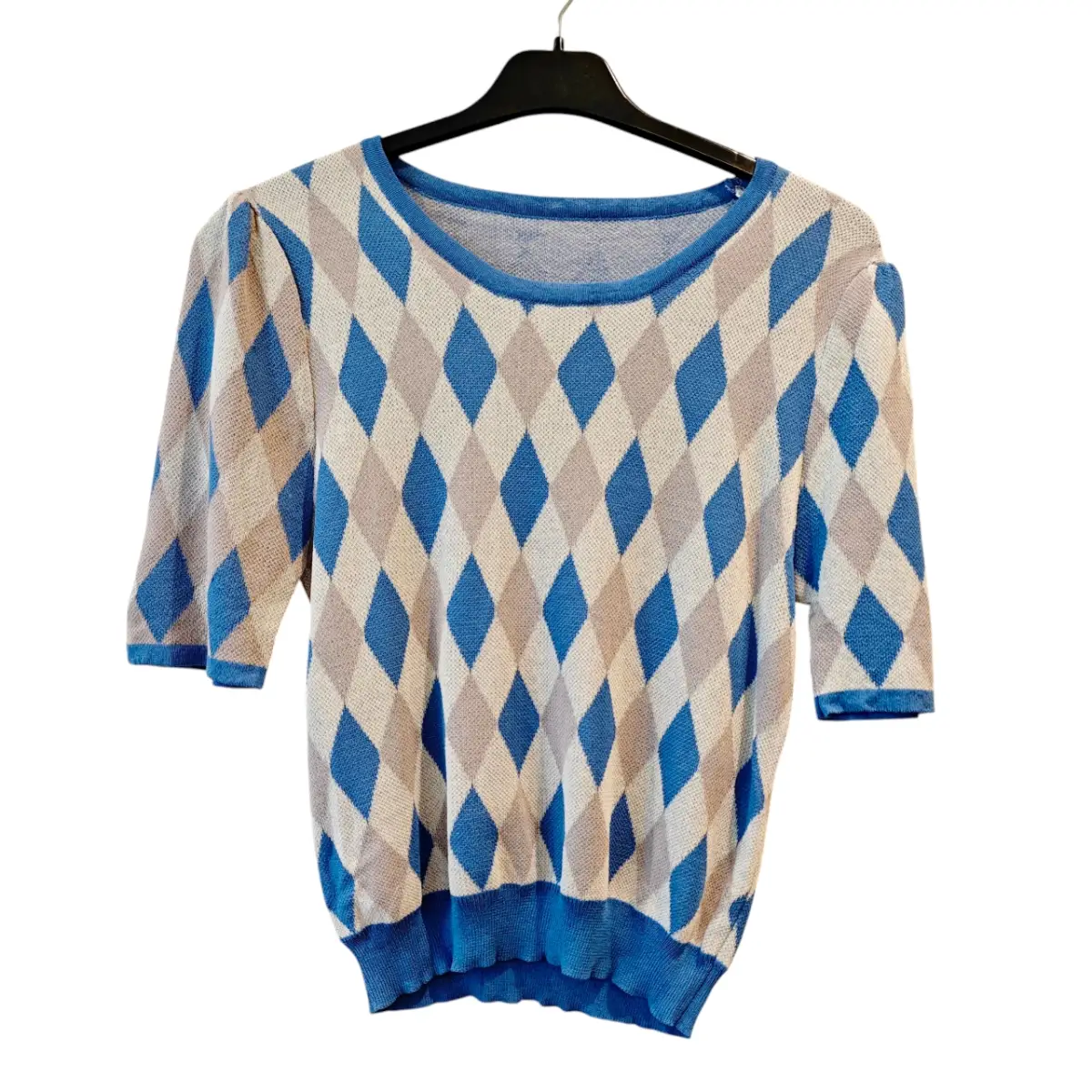 Blue Beige Argyle Knit Sweater Women's UK 6-8 Preppy New Without Tag