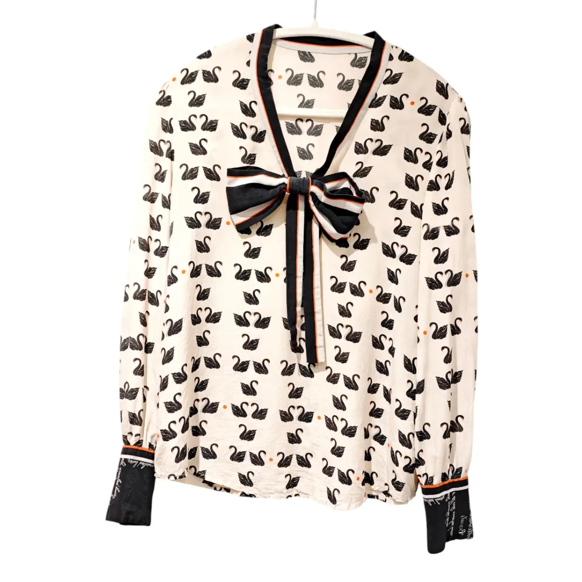 Vintage Mulberry Silk Black & Cream Swan Print Bow Blouse UK 8–10