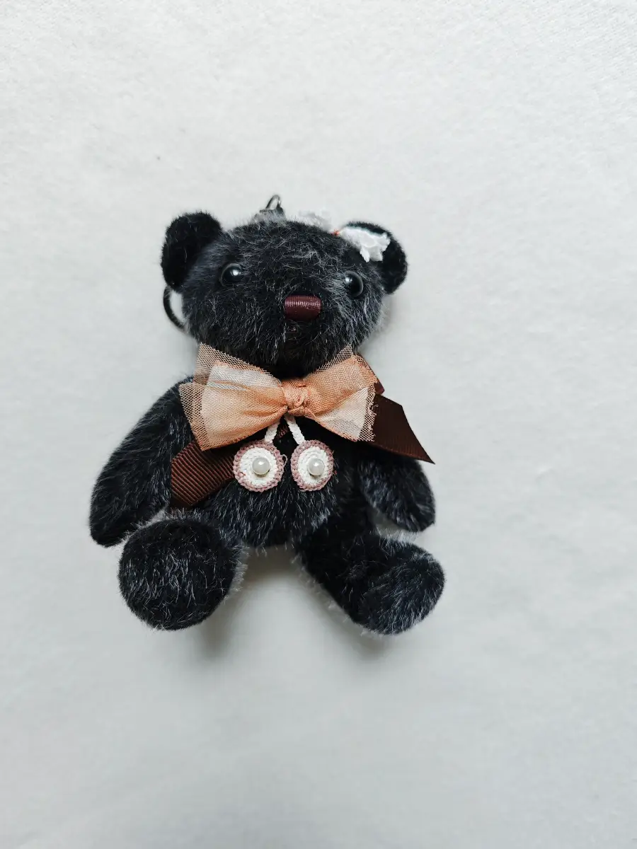 Black Kawaii Teddy Bear Keychain with Beige Bow & Pearl Charm