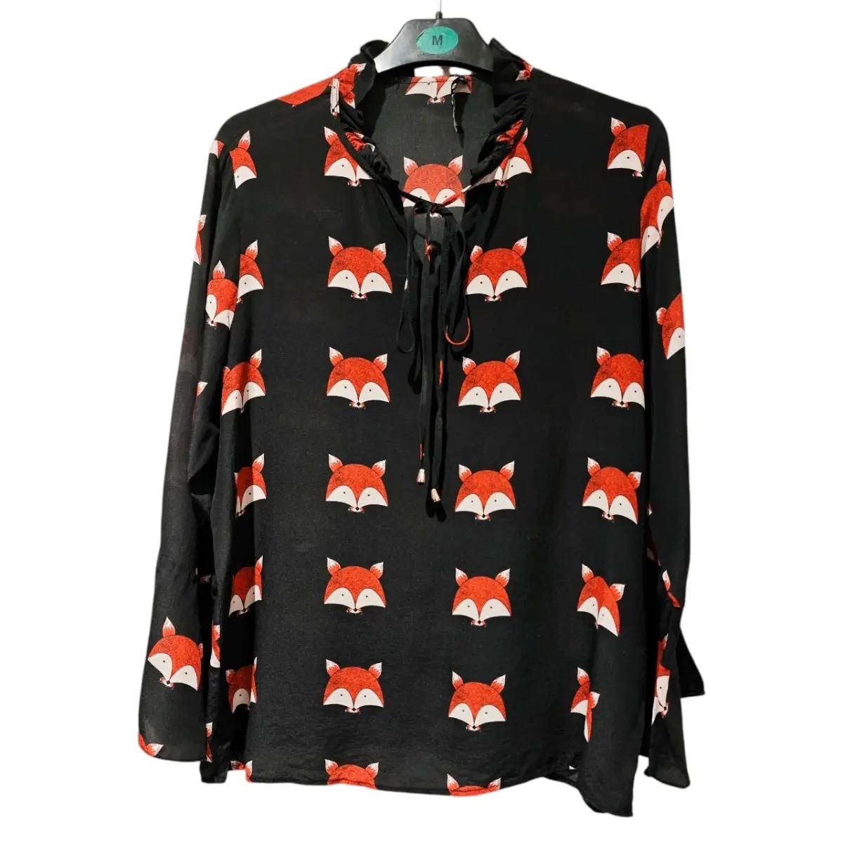 Vintage 100% Mulberry Silk Black Fox Print Blouse Ruffle Tie Neck UK 8–10