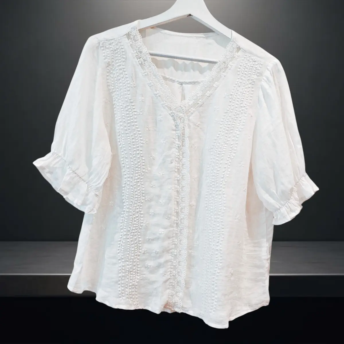 White Ramie Linen Lace Trim Eyelet Embroidered Blouse UK 10-12 Short Sleeve