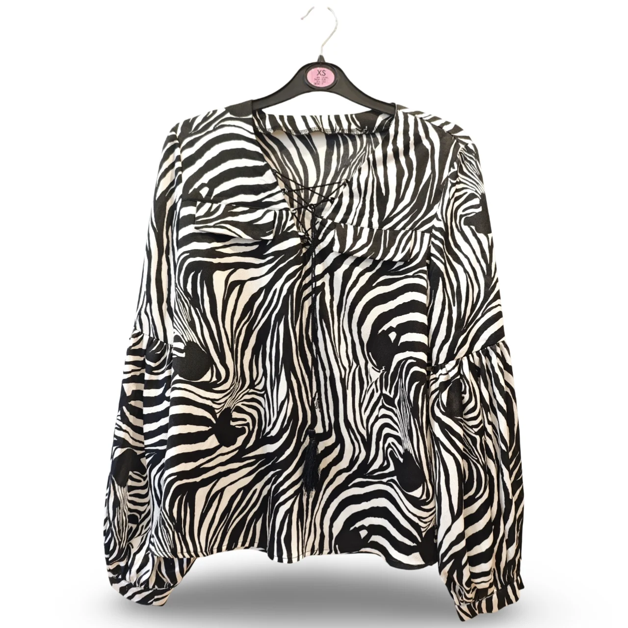 Women’s Black White Zebra Print Lace Up Tassel Blouse UK 8-10