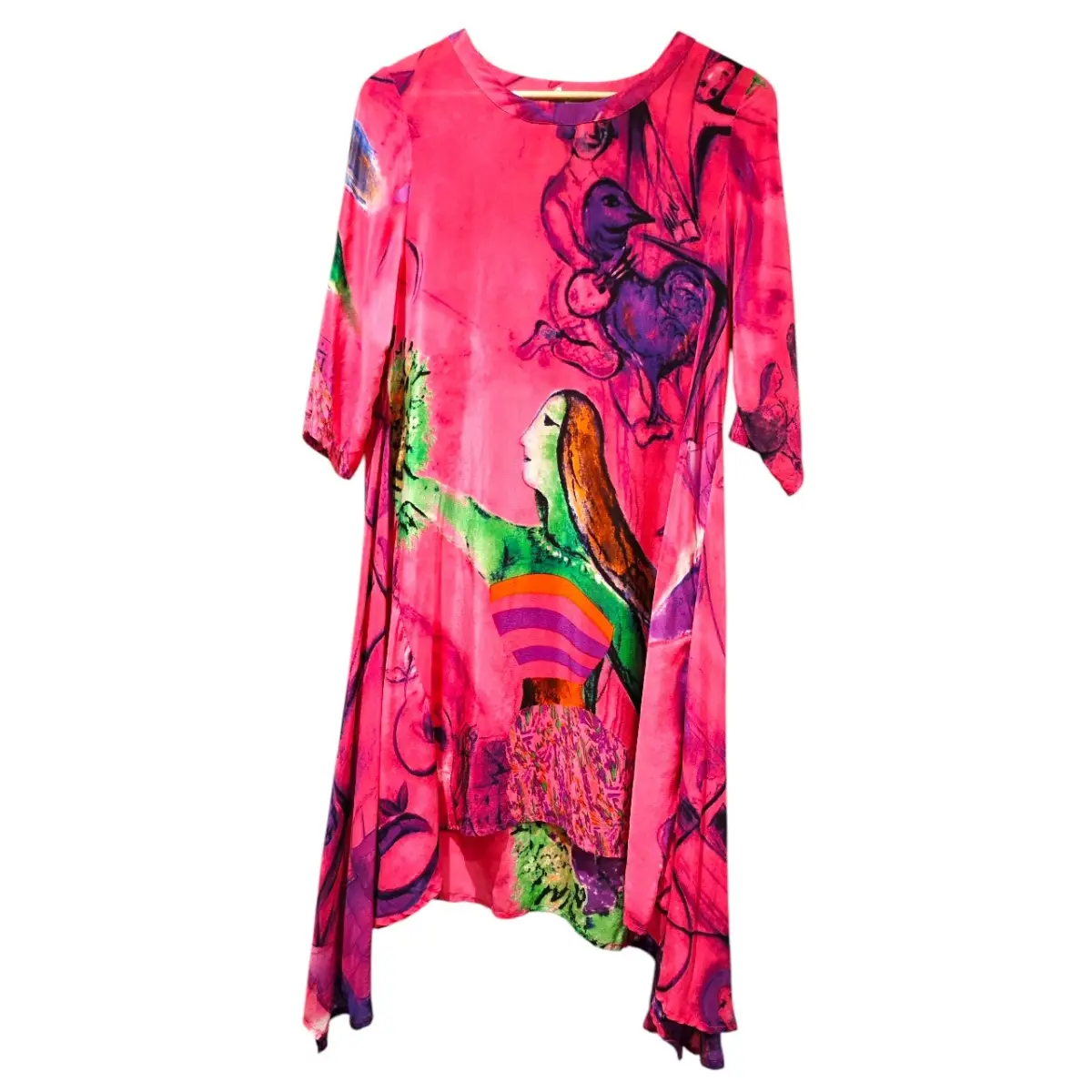 Pure Mulberry Silk Pink & Green Abstract Midi Dress | UK 10