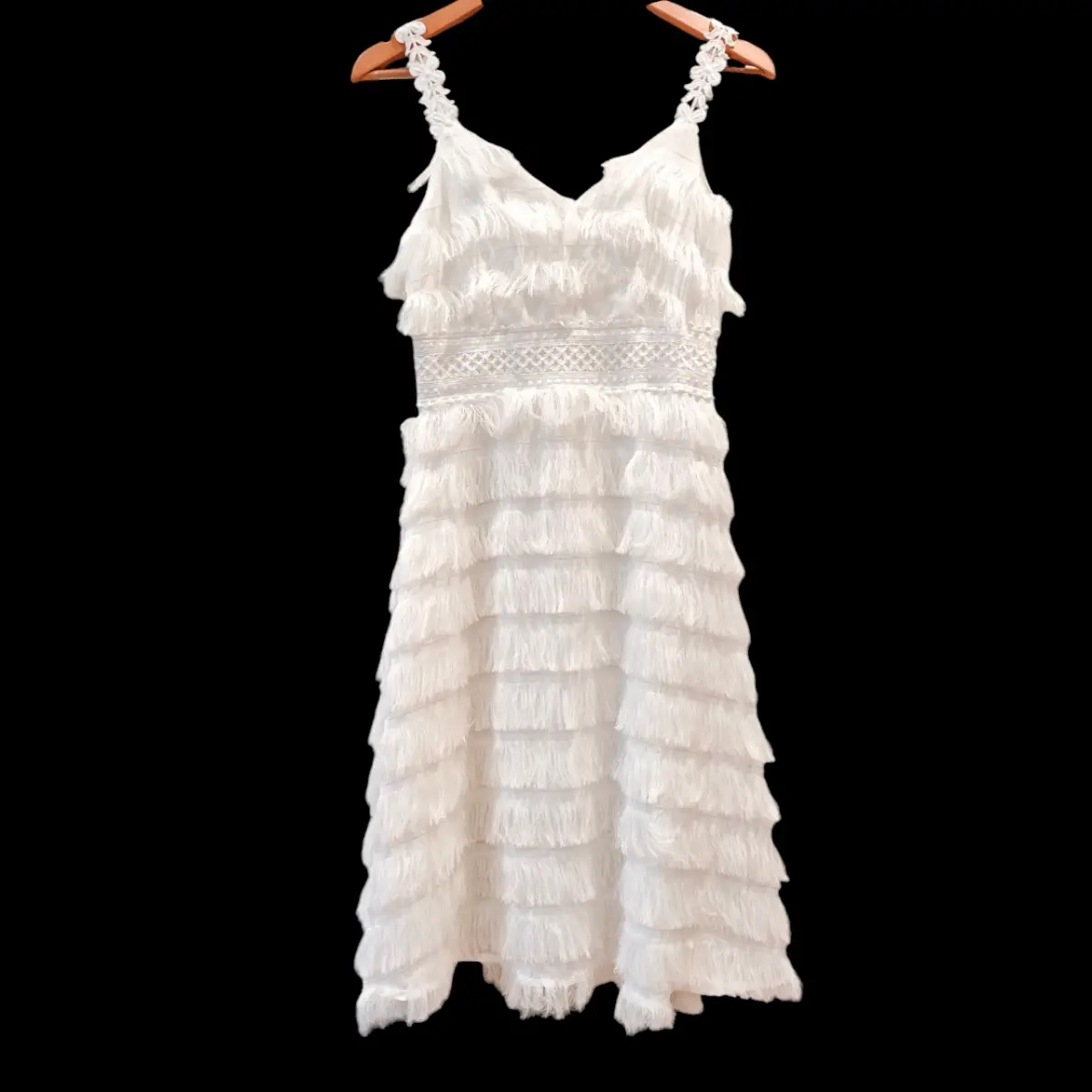 Vintage White Fringe Midi Dress | Boho Festival Sleeveless | UK 6 | Tassel Tiered Dress