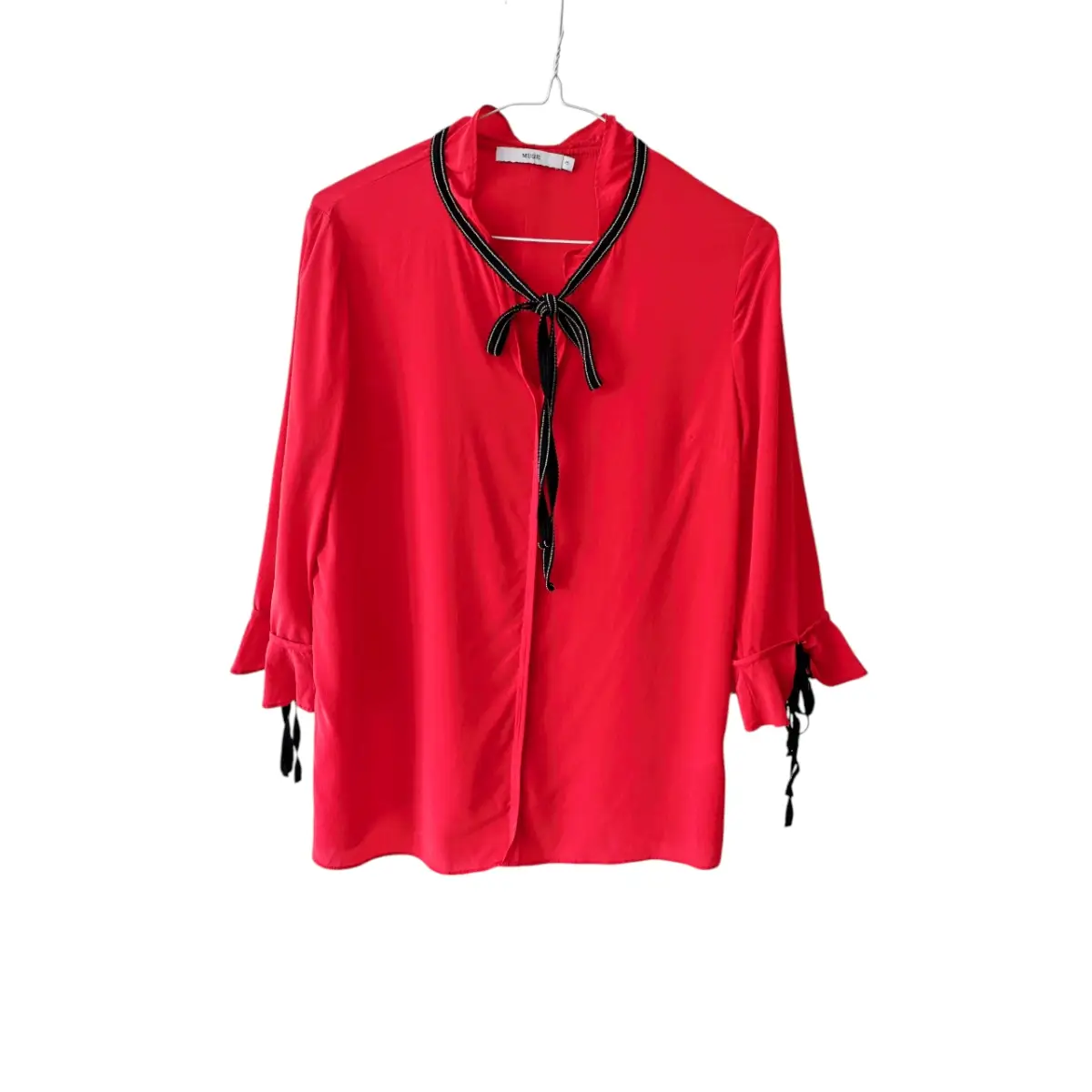 Vintage Mulberry Silk Red Blouse Black Trim Tie Neck 3/4 Sleeve Size UK 6–8