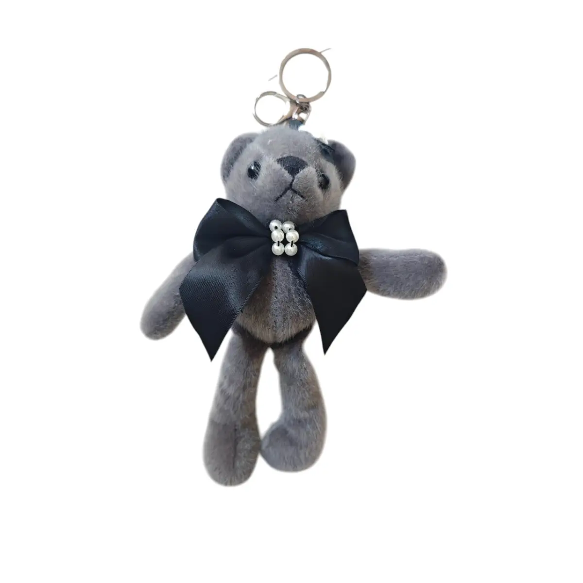 Handmade Gray Teddy Bear Plush Keychain Black Bow Pearl Bag Charm Kawaii Gift New