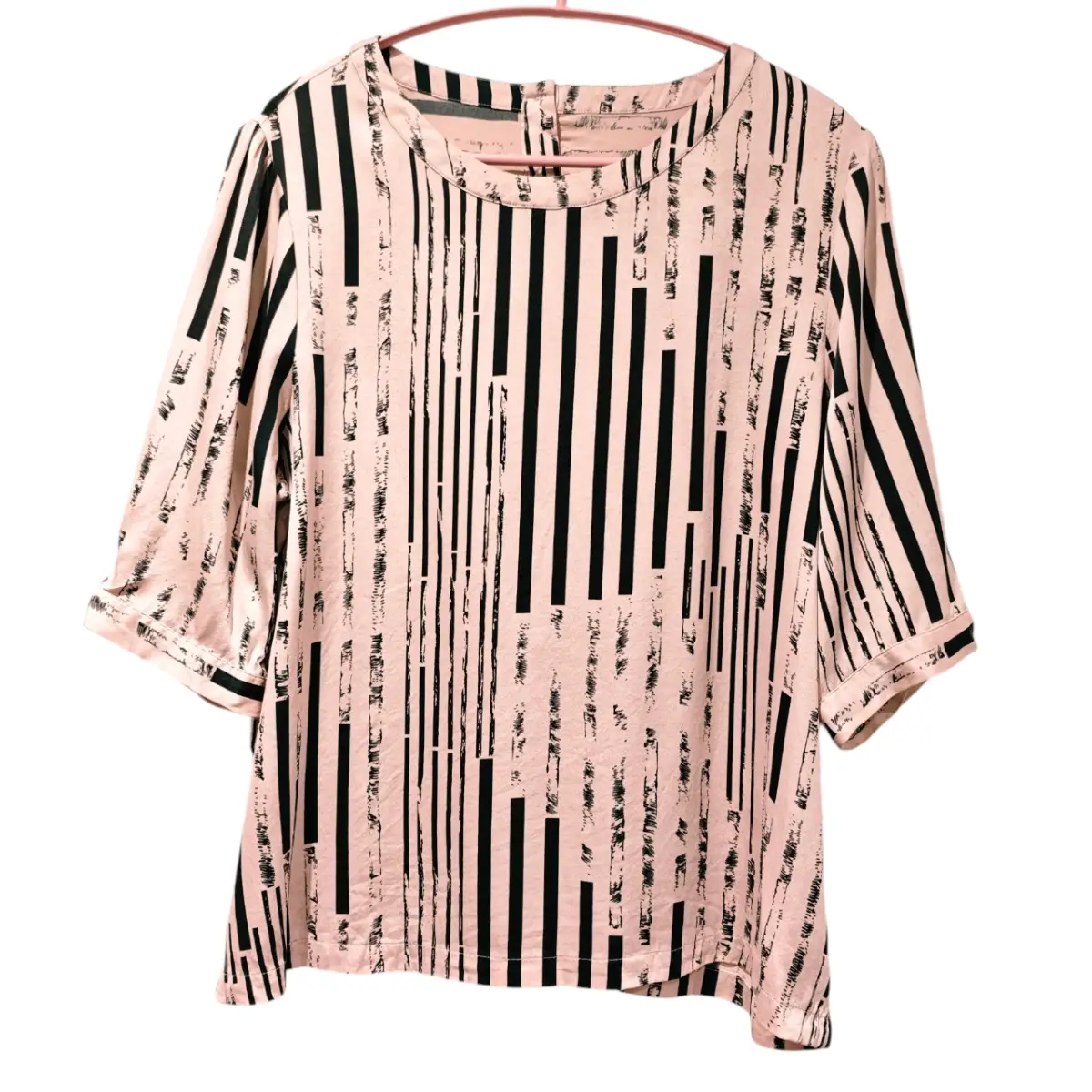 Vintage 100% Silk Rose Pink Black Striped Blouse UK 8–10 Short Sleeve Back Button Top