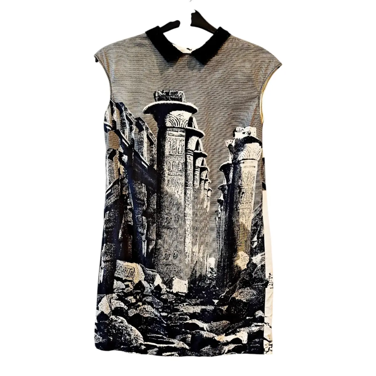 Vintage Silk Black & White Egyptian Temple Print Dress – UK 6–8