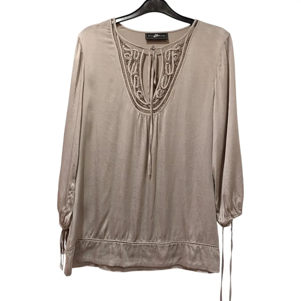 Style & Butler Grey Silk Blouse Embroidered Tie Neck Top Vintage UK 8–10