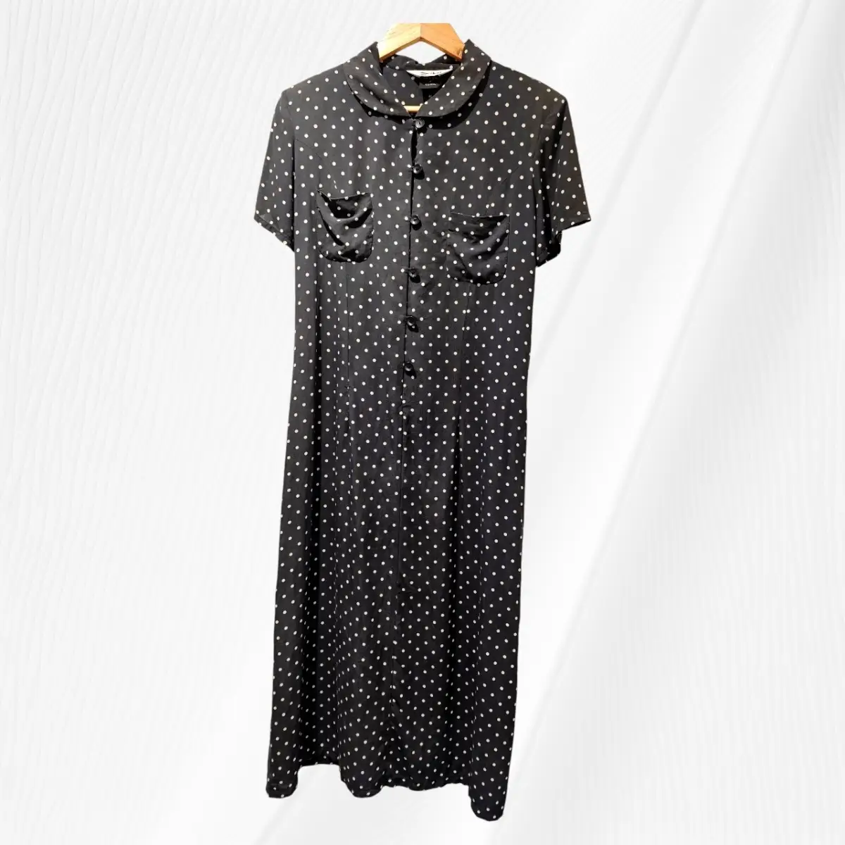 Vintage Silk Grey Polka Dot Maxi Shirt Dress | UK 8–10