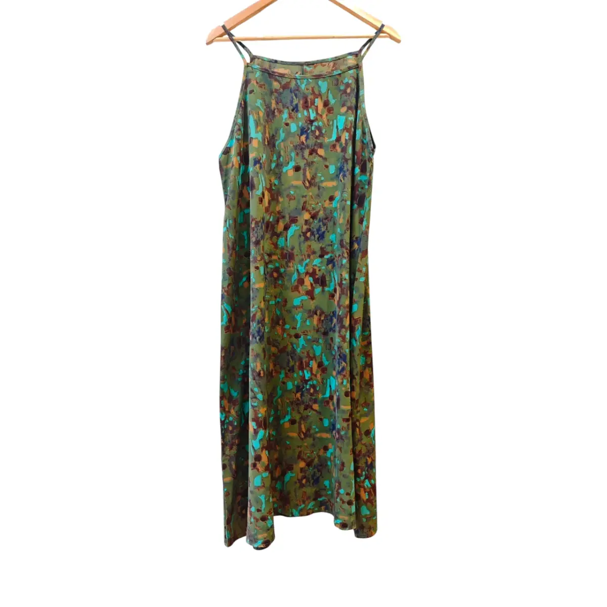 Green Blue Brown Abstract Floral Print Maxi Dress Boho UK 10-12 New