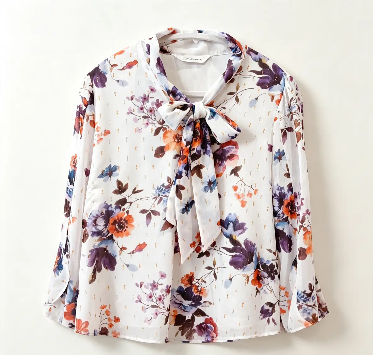 Women's White Floral Bow Tie Blouse Size 10–12 Gold & Silver Sparkle Long Sleeve Top