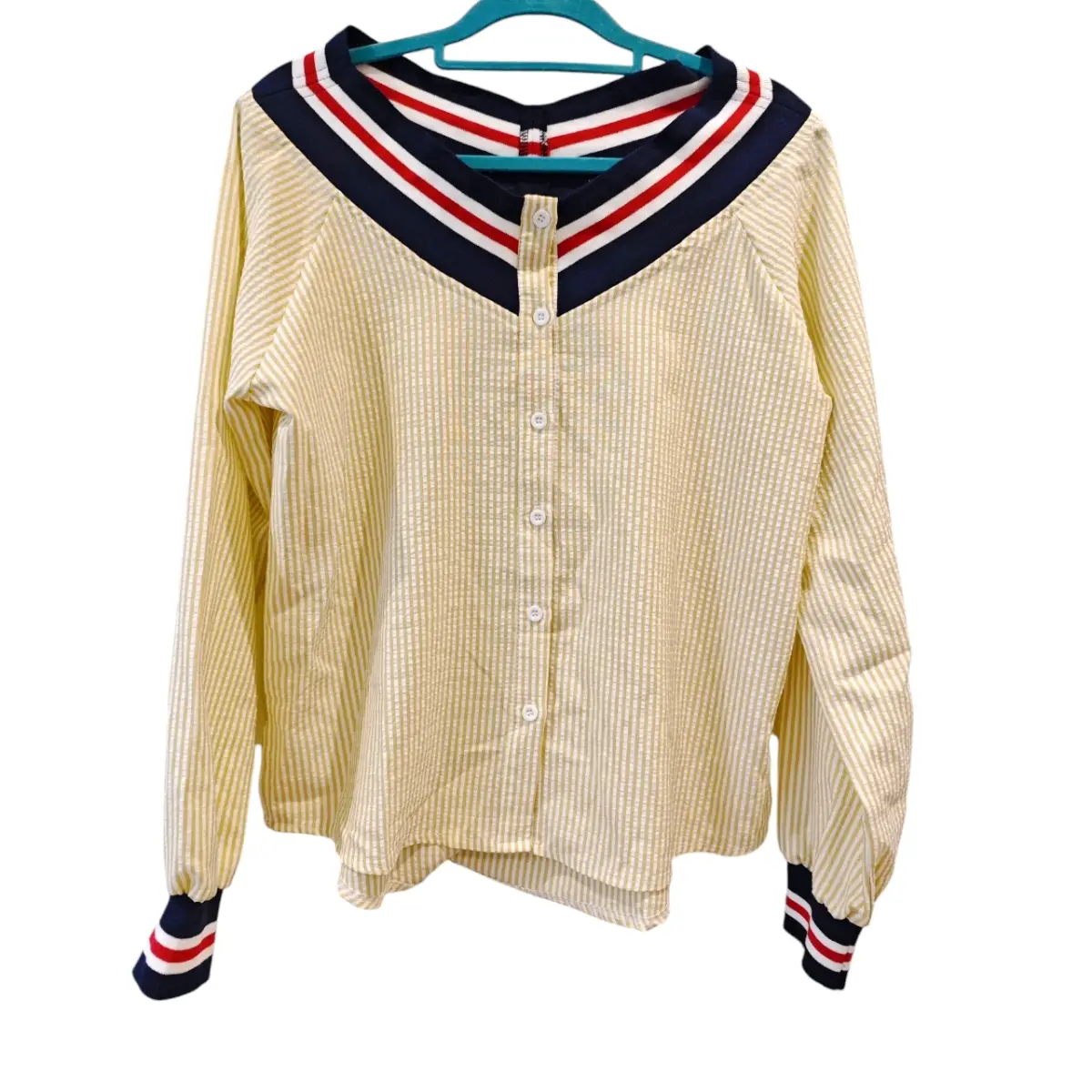 Women's Yellow & White Striped Nautical Blouse Size 12–14 Long Sleeve Preppy Top New