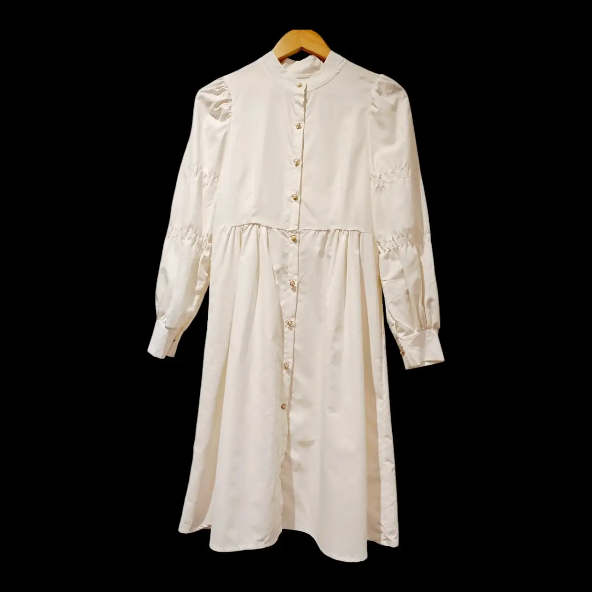White Cotton Button Front Midi Dress Pearl Buttons Long Sleeve UK 6-8 Cottagecore