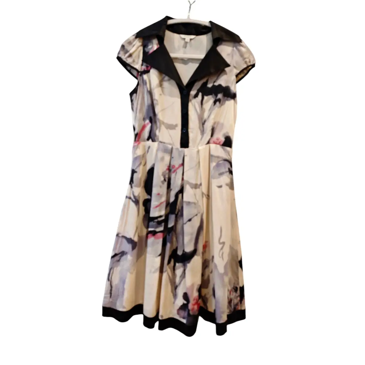 Vintage Pure Silk Abstract Floral Midi Dress | Black Collar | UK 6–8 | Elegant Shirt Dress
