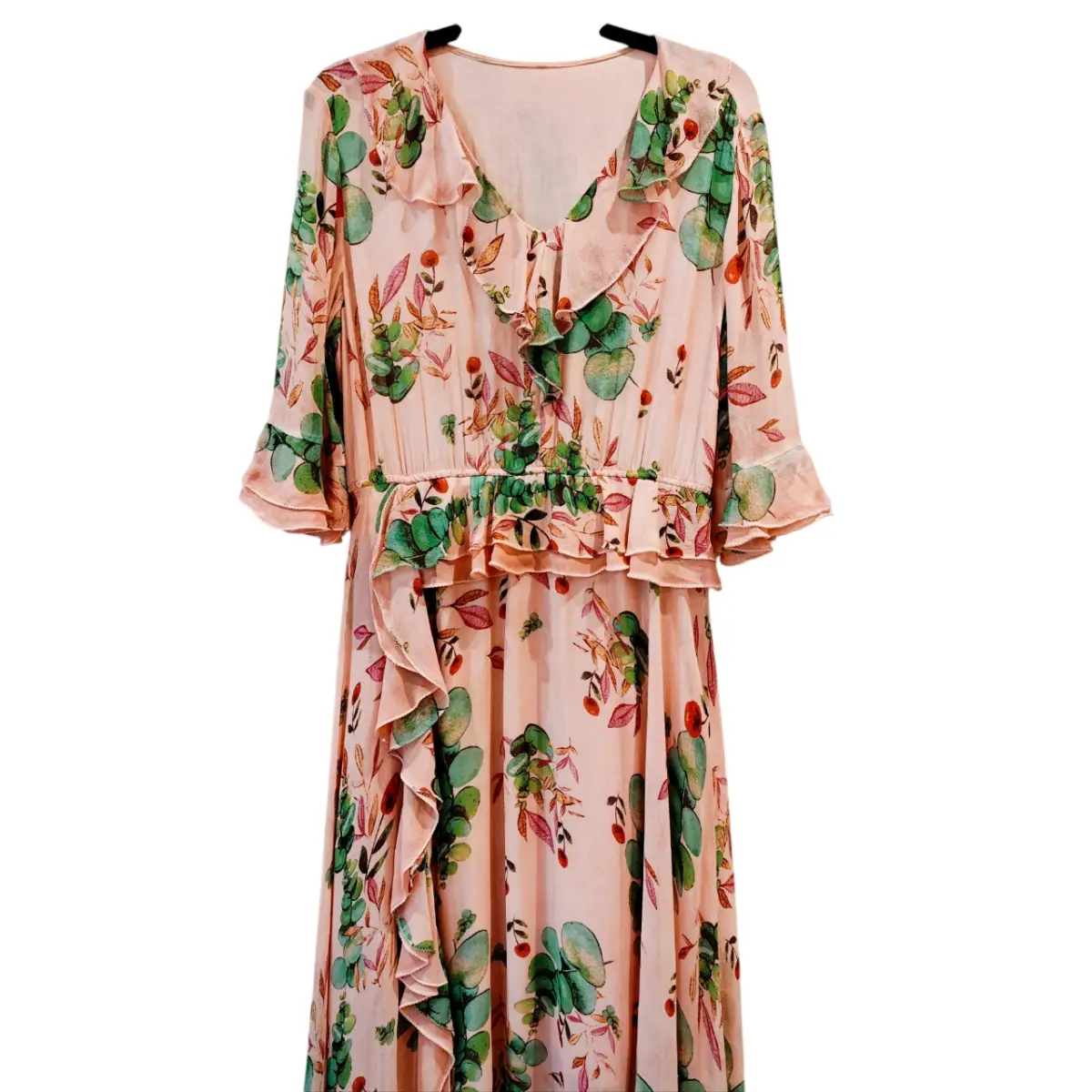 Mulberry Silk Pink Floral Midi Dress UK 8-10 Vintage Boho Stretch Waist 3/4 Sleeve