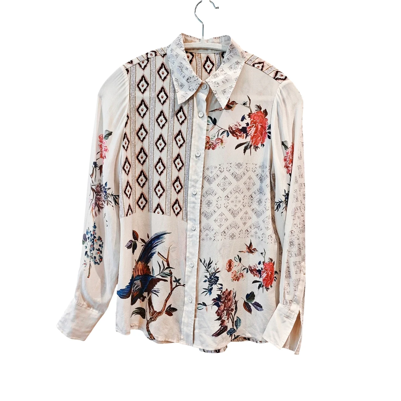Vintage Pure Silk Floral & Bird Print Blouse | UK 10–12
