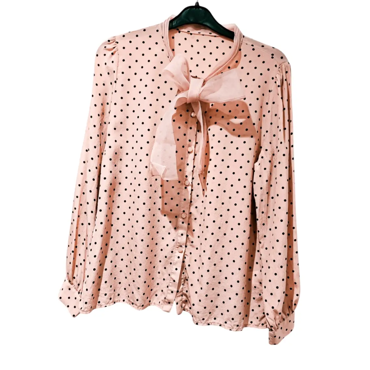 Pure Silk Rose Pink Polka Dot Tie Neck Blouse Women's UK 10 Vintage Long Sleeve