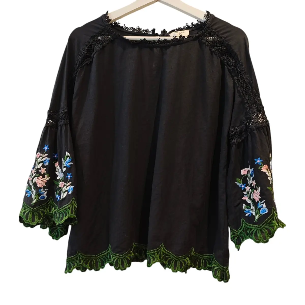 Black Floral Embroidered Blouse Cotton Rayon 3/4 Sleeve UK 10-12 New