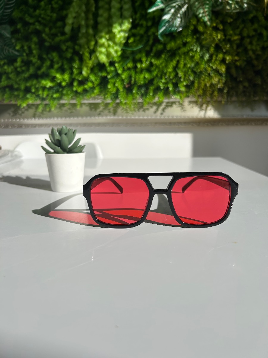 Square Aviator Style Sunglasses Red Lens