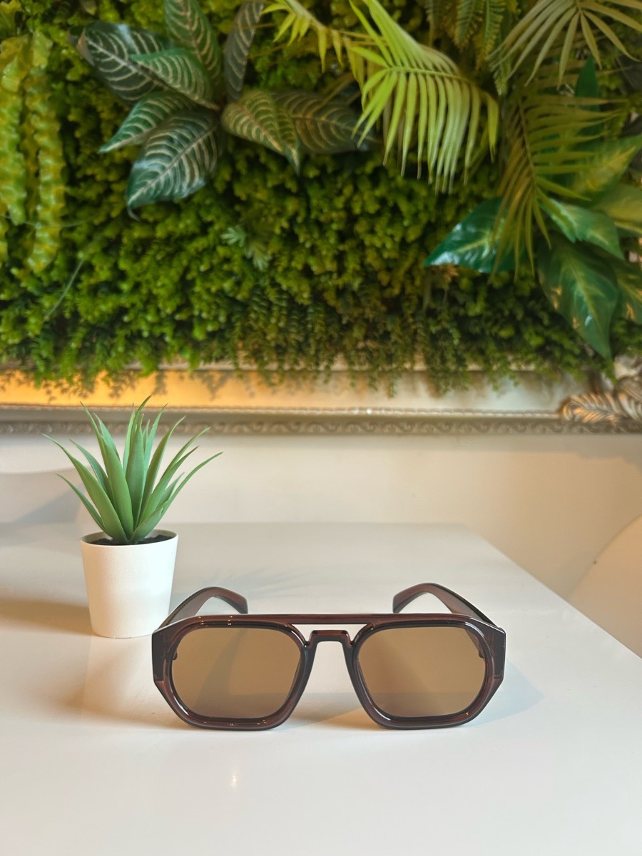 Chunky Dark Brown Double-Bridge Sunglasses with Gold Temple Bar