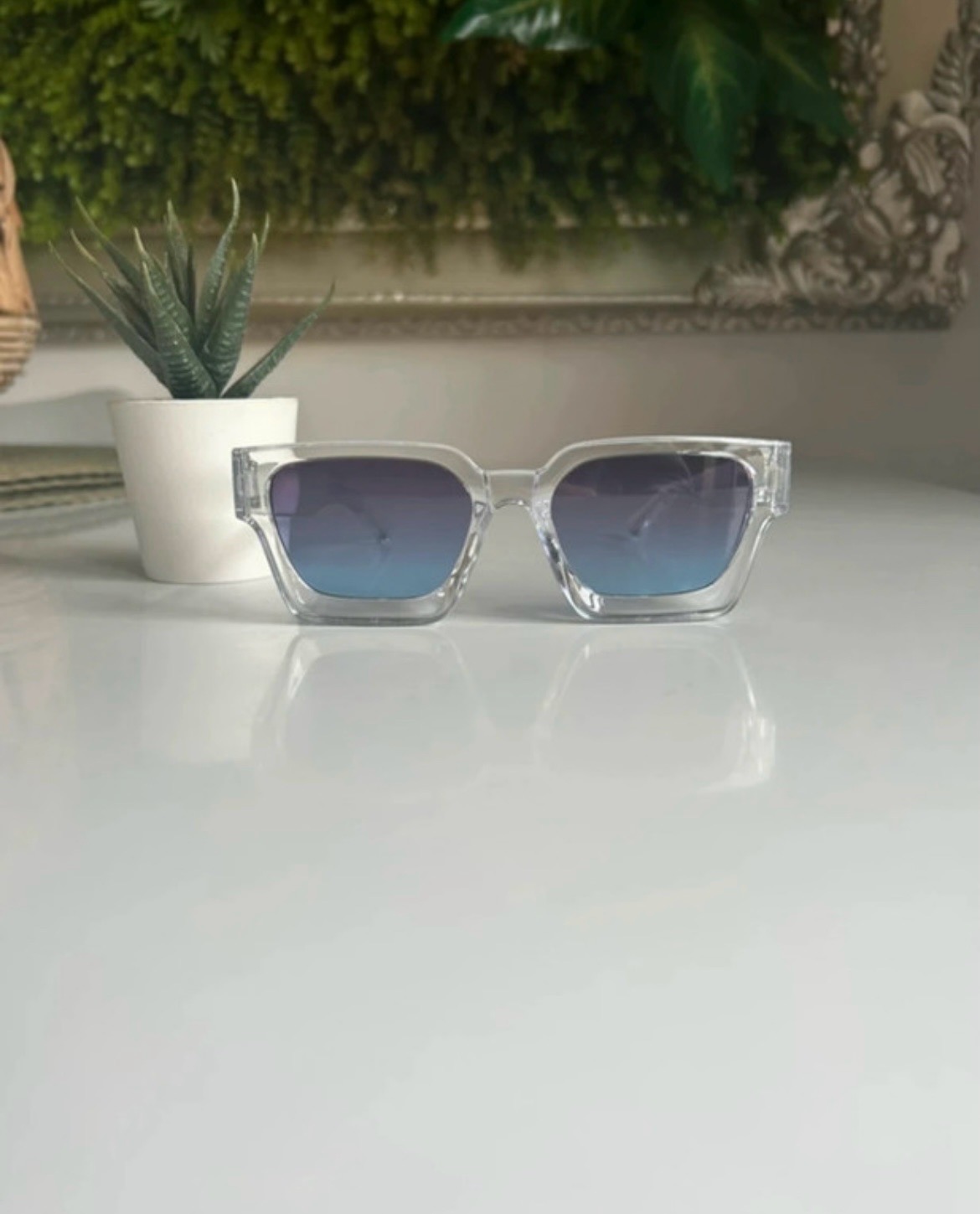 Chunky Square Style Sunglasses Clear Frame with Blue Lens