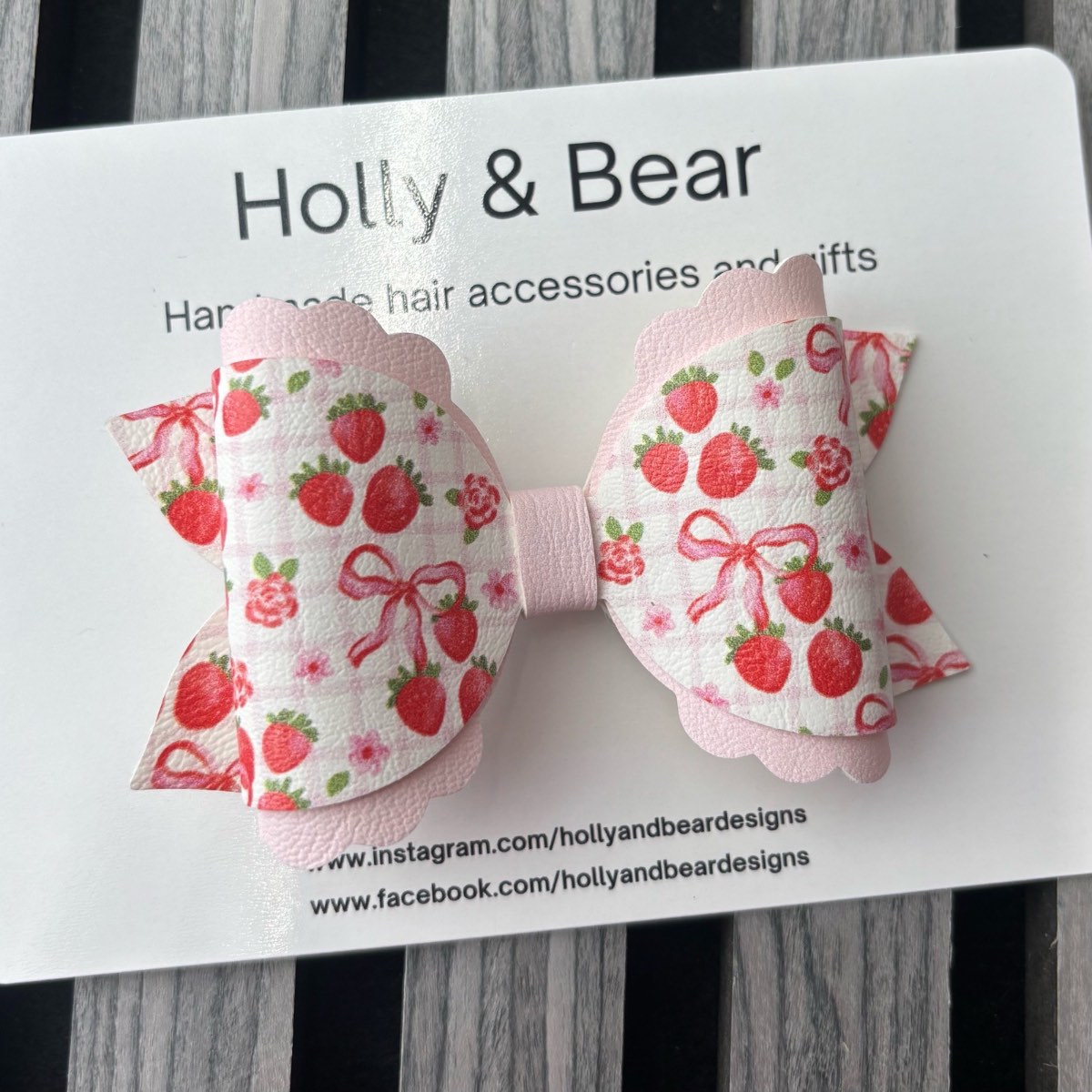 Gingham strawberry 4” layered bow hair clip. Handmade.