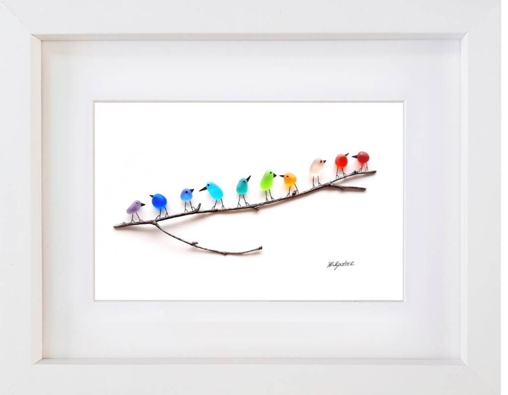 Sea Glass 10 Rainbow Birds Picture Wall Art Decor - White Frame