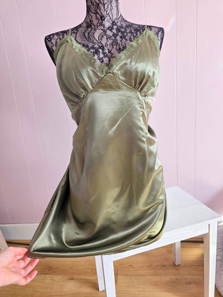 Gorgeous Silky Slip Dress, Sage Green Colour With Lace Trim