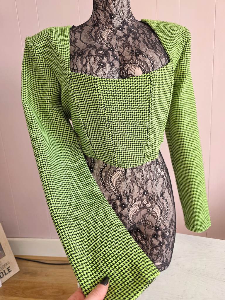 Gorgeous Boned Corset Top Neon Green And Black Dog Tooth, Alternative Style