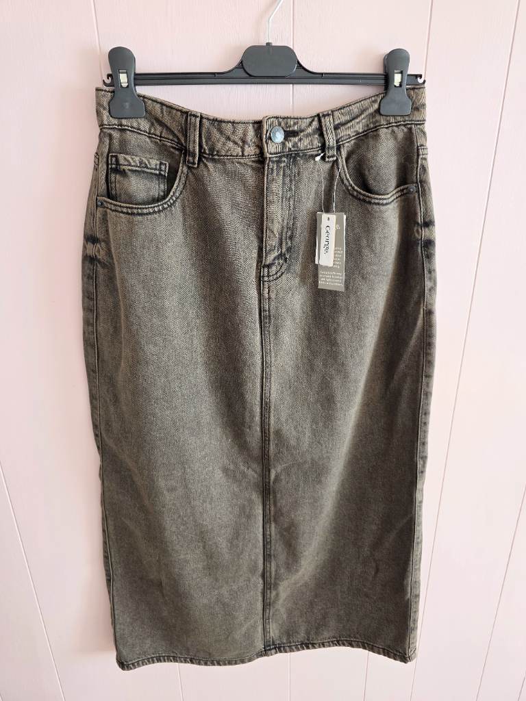 New Vintage Style Black Brown Denim Midi Skirt New With Labels