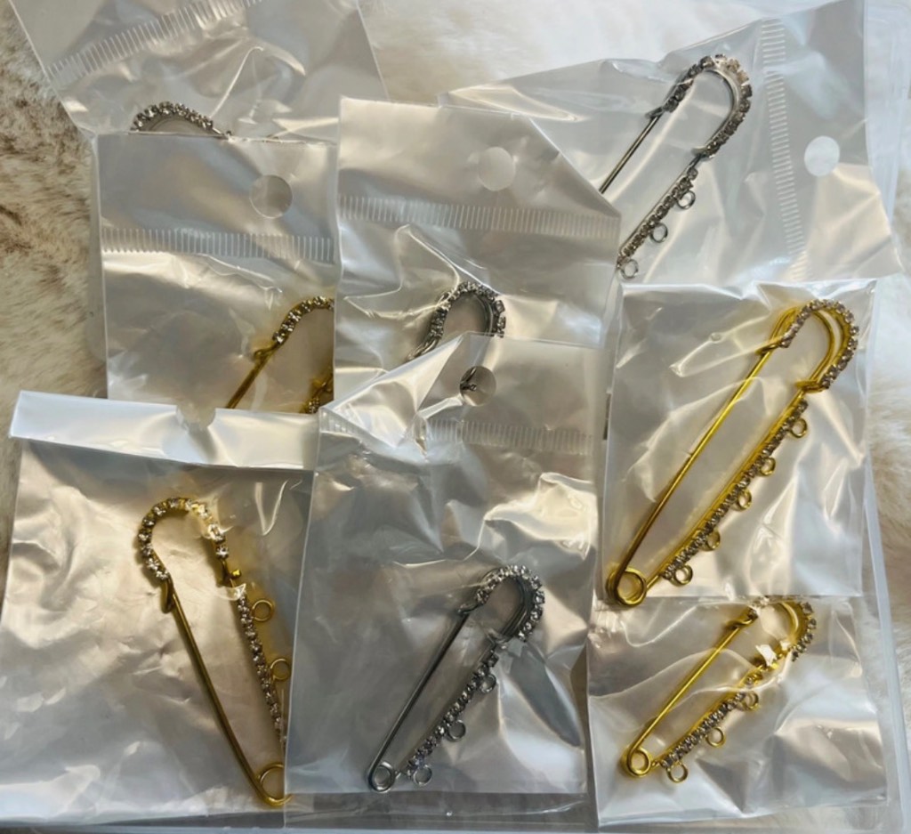 8Pcs Rhinestone Safety Pins Gold & Silver