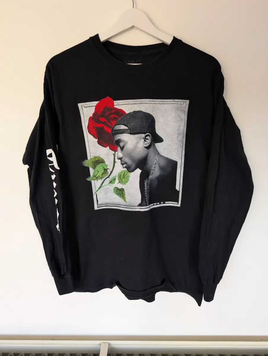 Tupac Shakur Black Rose Graphic Long Sleeve T-Shirt | Medium | 100% Cotton