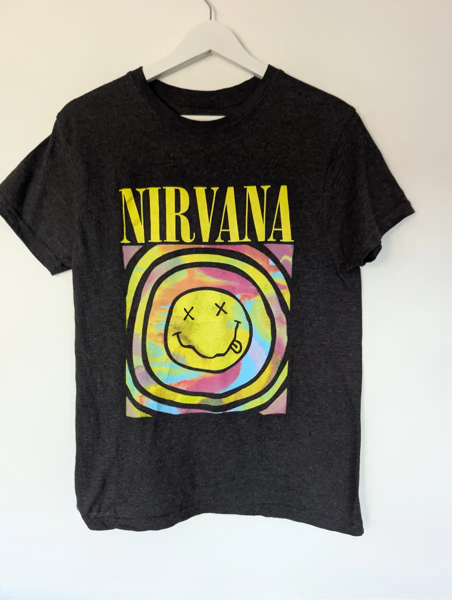 Nirvana Smiley Face Logo T-Shirt – Women's Size M – Officially Licensed – Black Band Tee