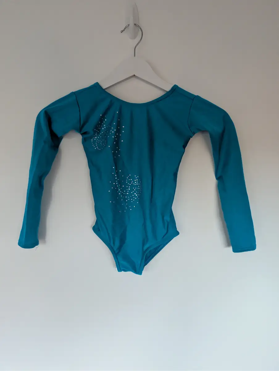 Girls Teal Gymnastics Leotard | 4-6 Years | Sparkly Crystal Motif | Long Sleeve
