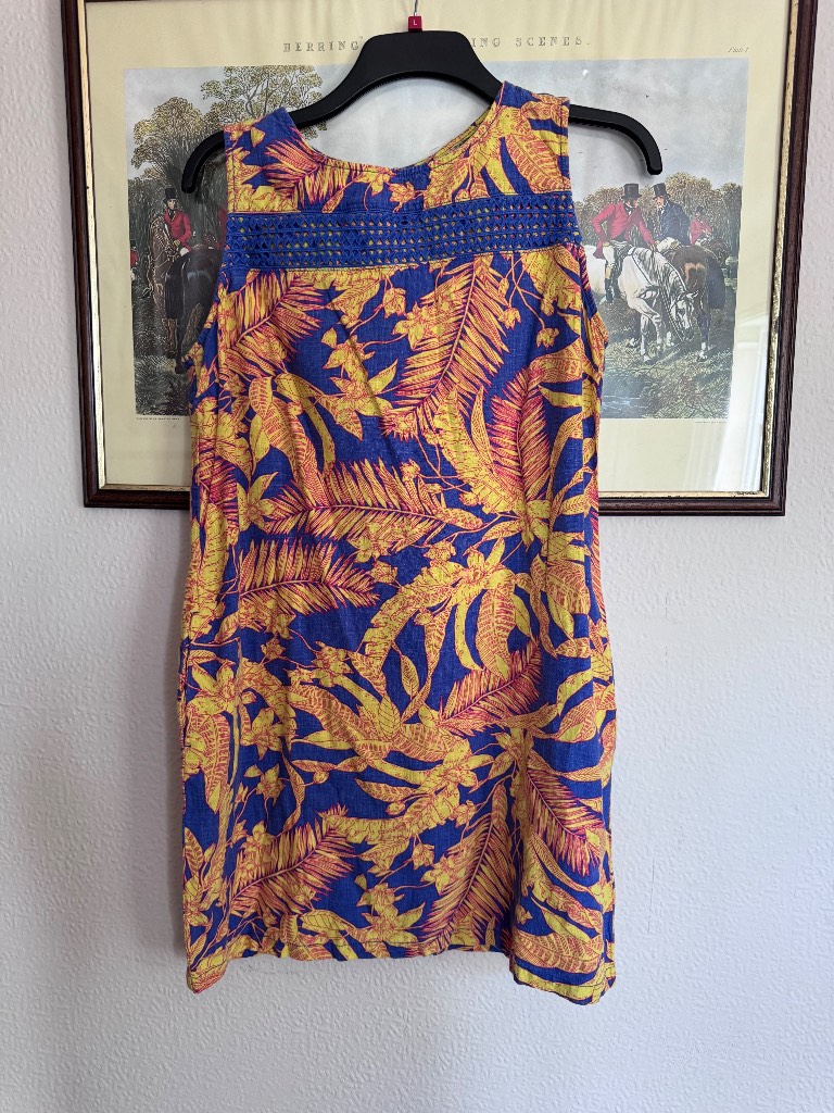 Next Petite Tropical Leaf Print Linen Blend Sleeveless Shift Dress UK 16P