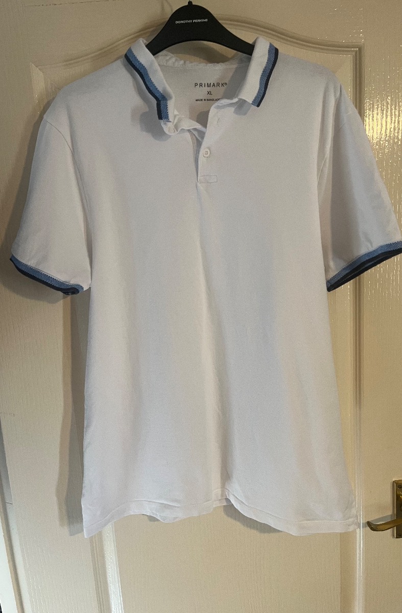 Primark White Polo Shirt With Blue Detailing On Neck/sleeves. Size XL