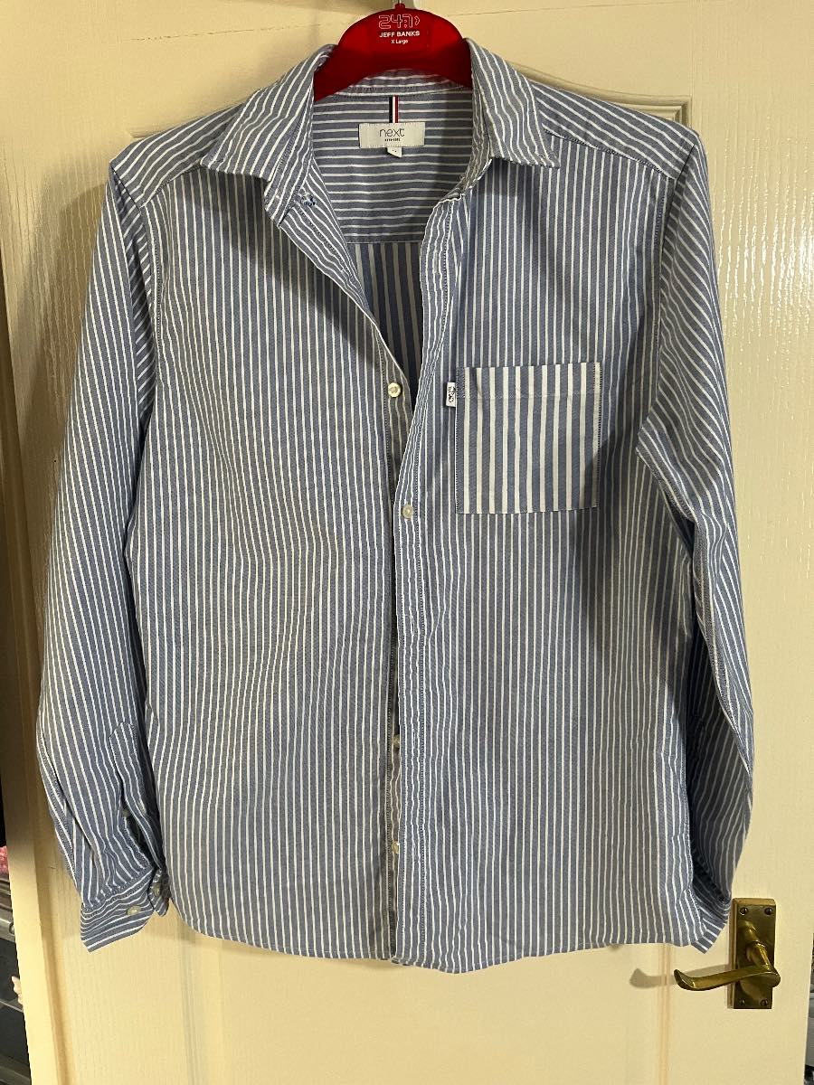 Men's next blue/white stripe long sleeve shirt, Top Pocket. Office Work Size M