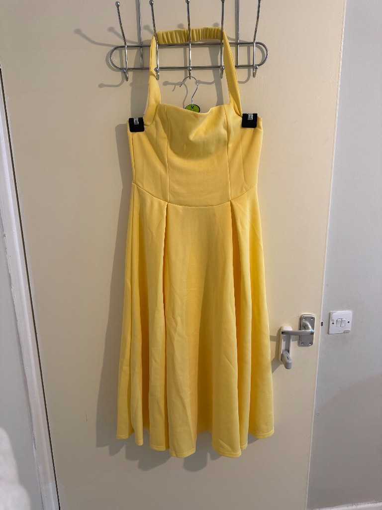 A-line Pleated Halter Neck Dress, Chic Elegant Plain Sleeveless Backless Ruched Slim Fit Midi Dress