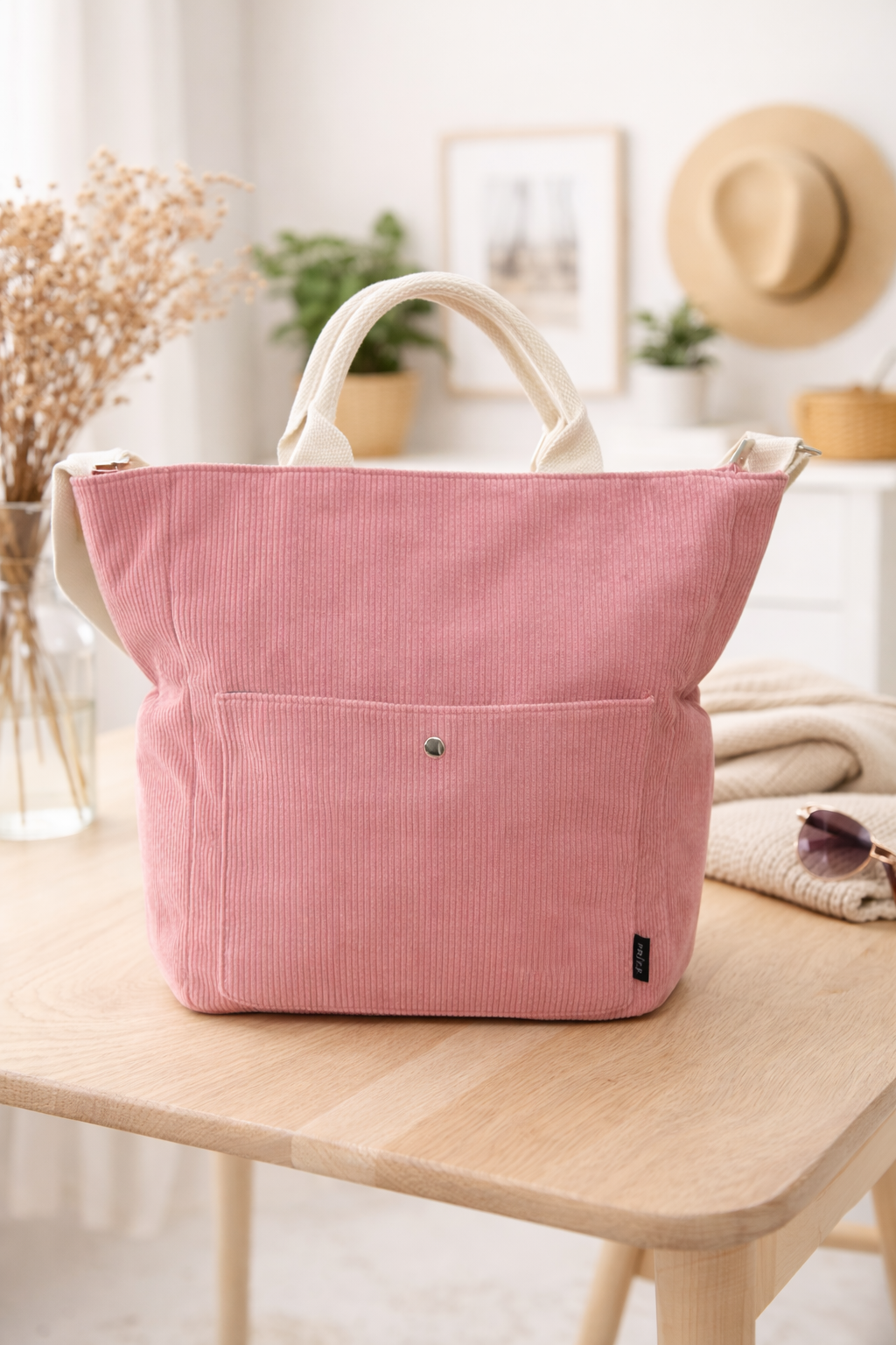 Women's Corduroy Tote Bag Large Capacity Zipper Pockets Waterproof – Pink