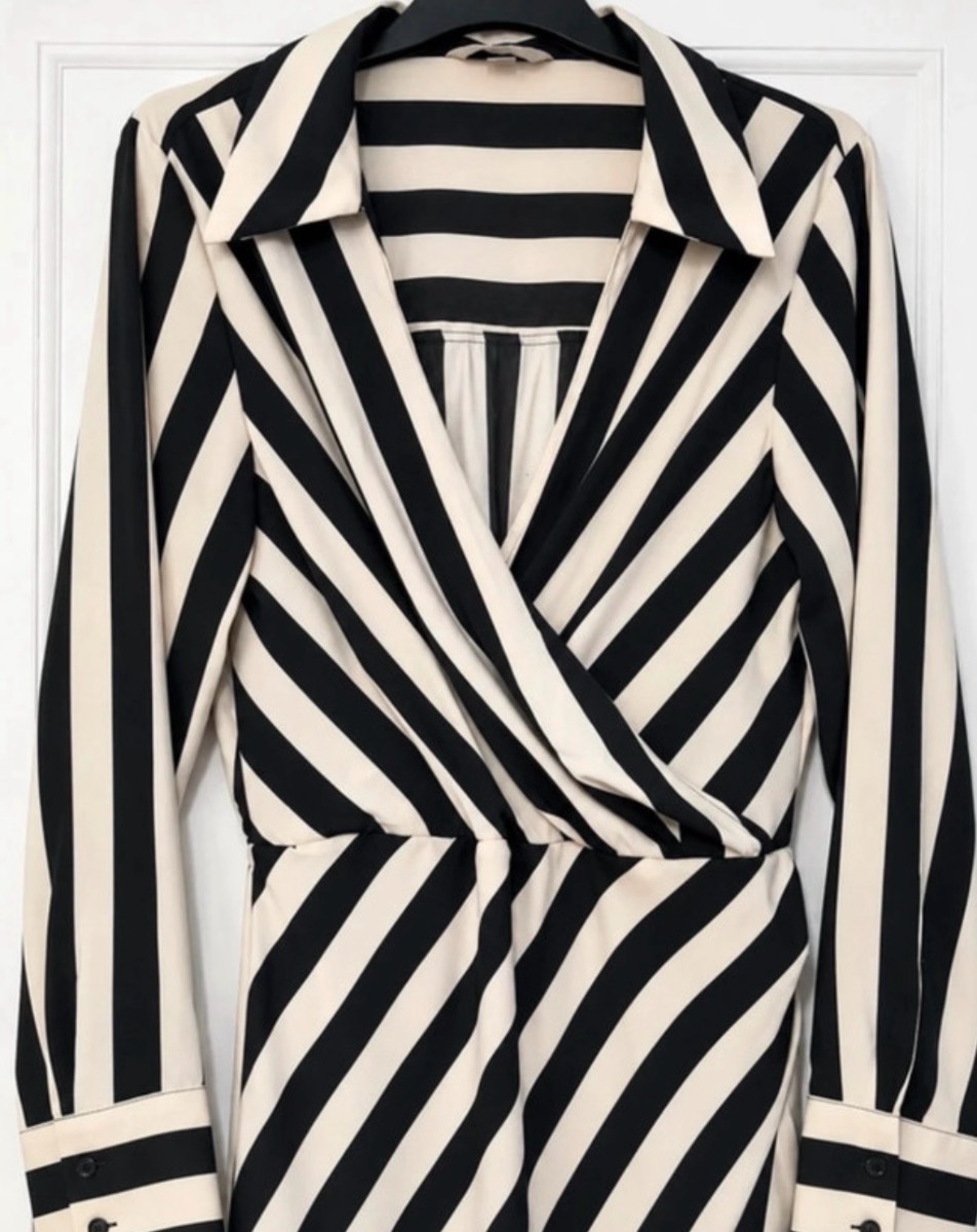 H&M Black & White Striped Wrap Shirt Dress | Long Sleeve | Size M