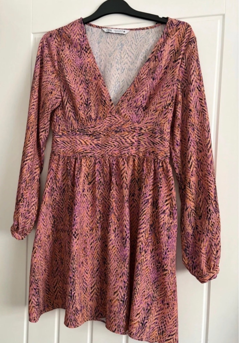 Zara Pink Animal Print Long Sleeve Skater Dress Size S