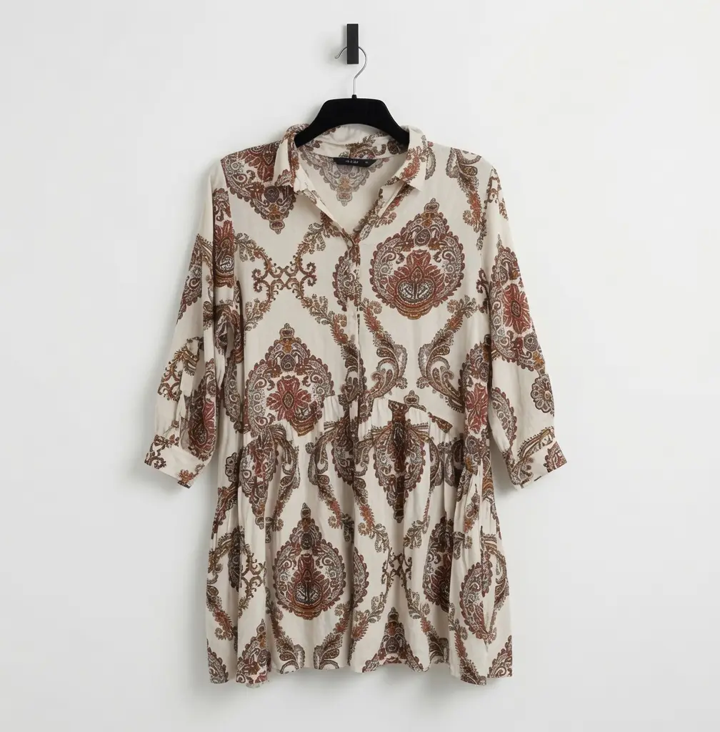 F&F Boho Cream Paisley Print .Mini Shirt Dress / Tunic Top - Size 16