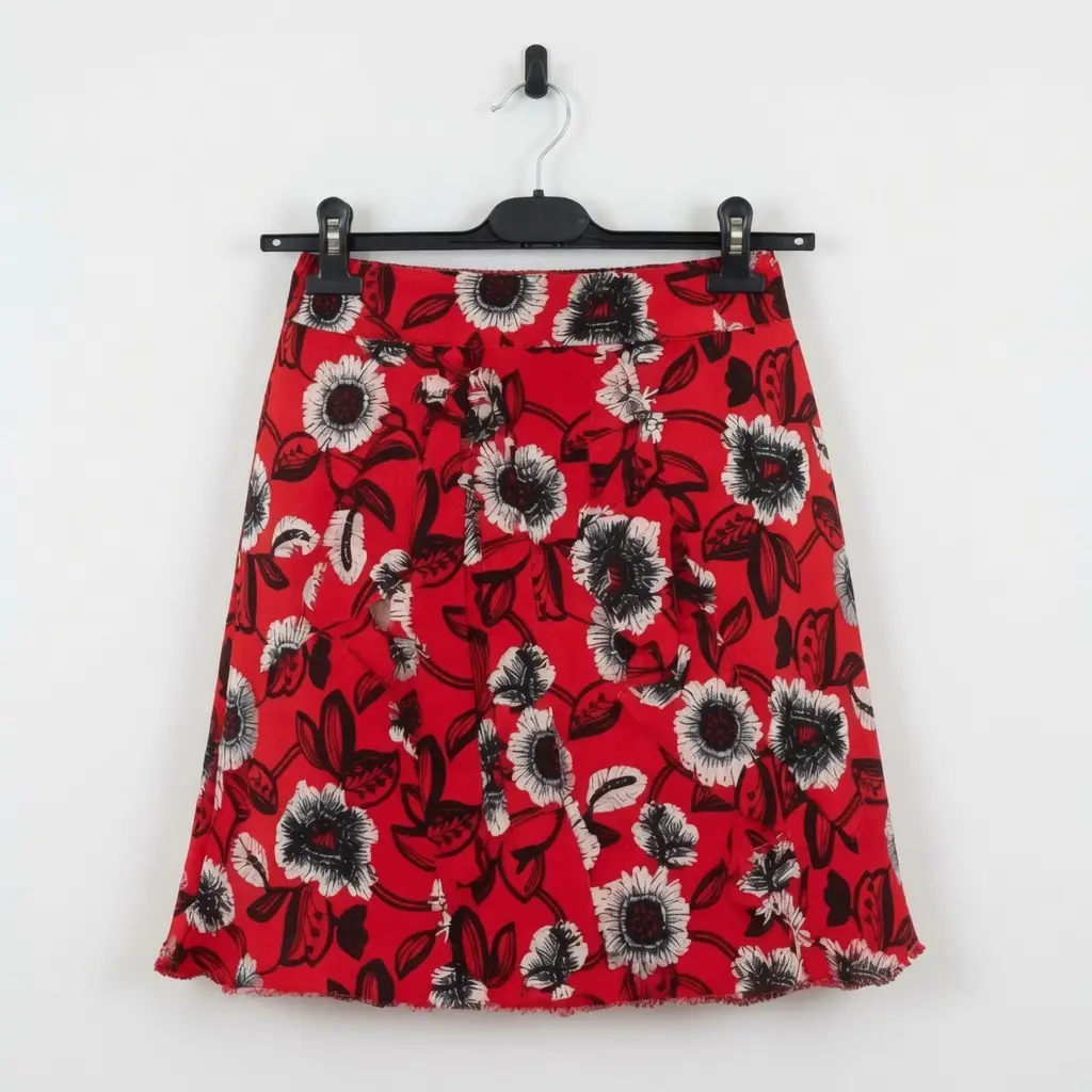 River Island Red Floral Mini Skirt Size UK 6 Embroidered Frayed Hem A Line Top